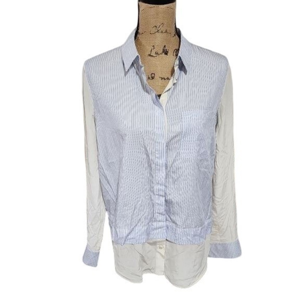 Vince Blue Pinstripe Mixed Media Layered Button Down Shirt Cream Sleeves Size 10